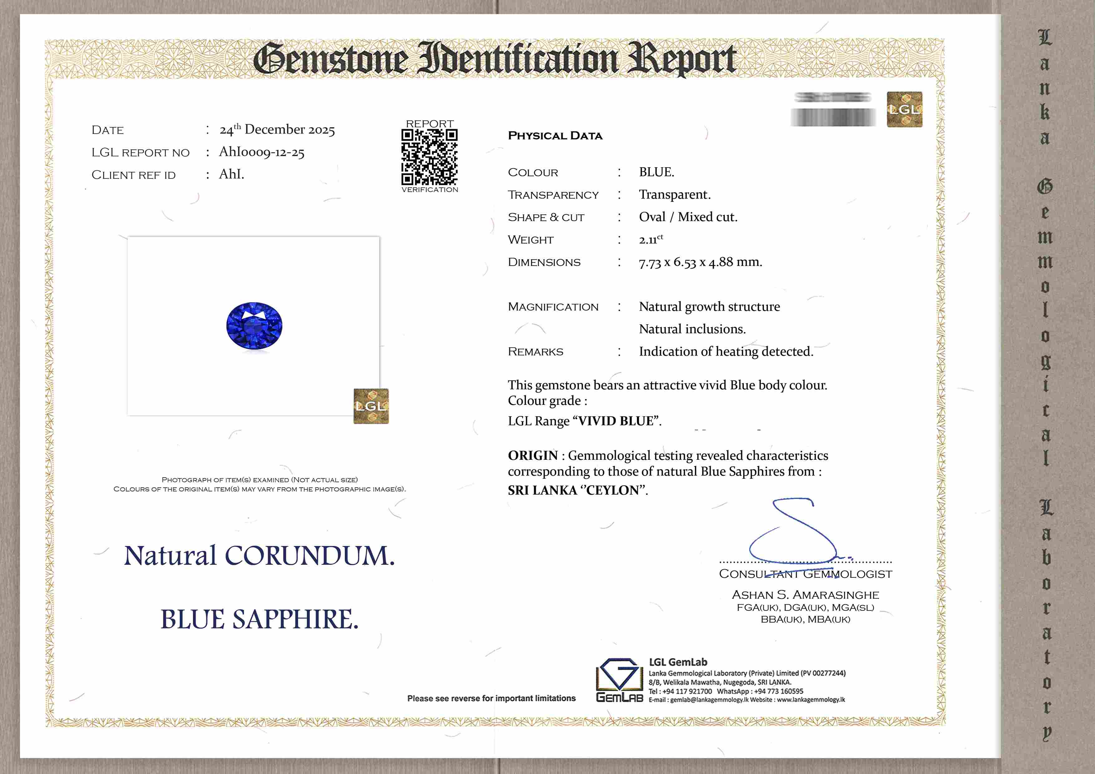 2.11ct Vivid Blue Sapphire from Sri Lanka (Ceylon)