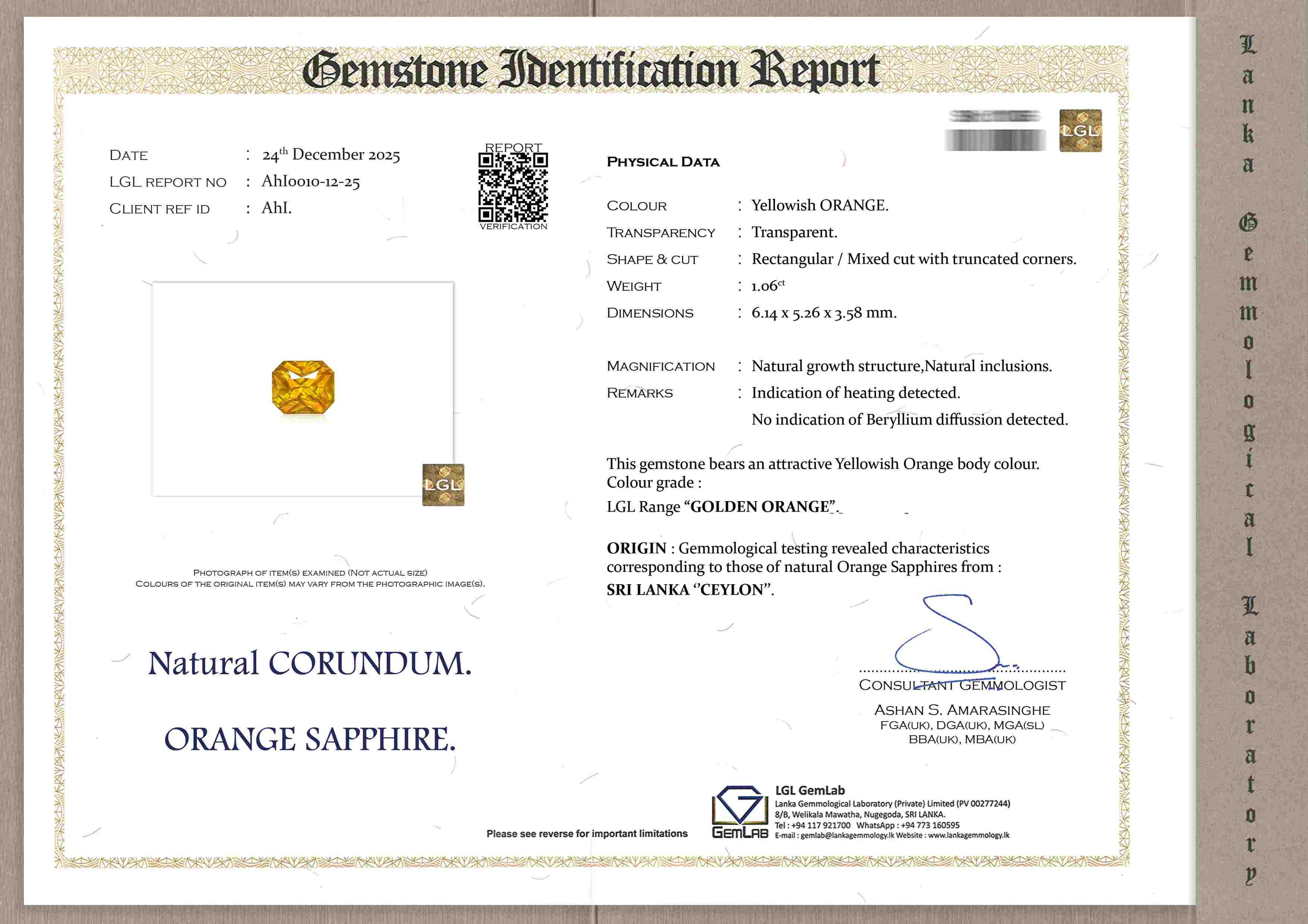 1.06ct Golden Orange Sapphire from Sri Lanka (Ceylon)