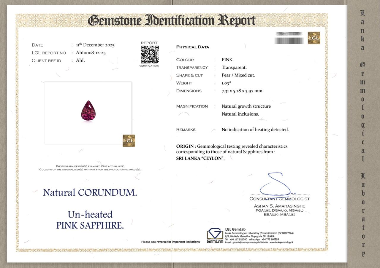 1.03ct Pink Sapphire from Sri Lanka (Ceylon)