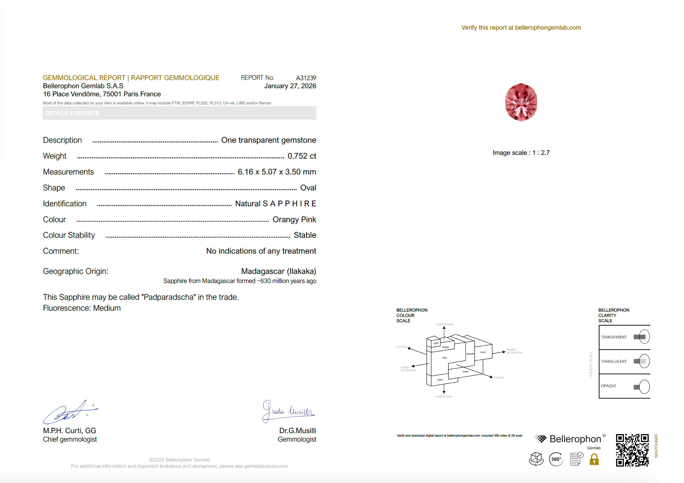 0.75ct Lotus Flower Sapphire (Padparadscha) from Madagascar, ultra precision cut, best color hue
