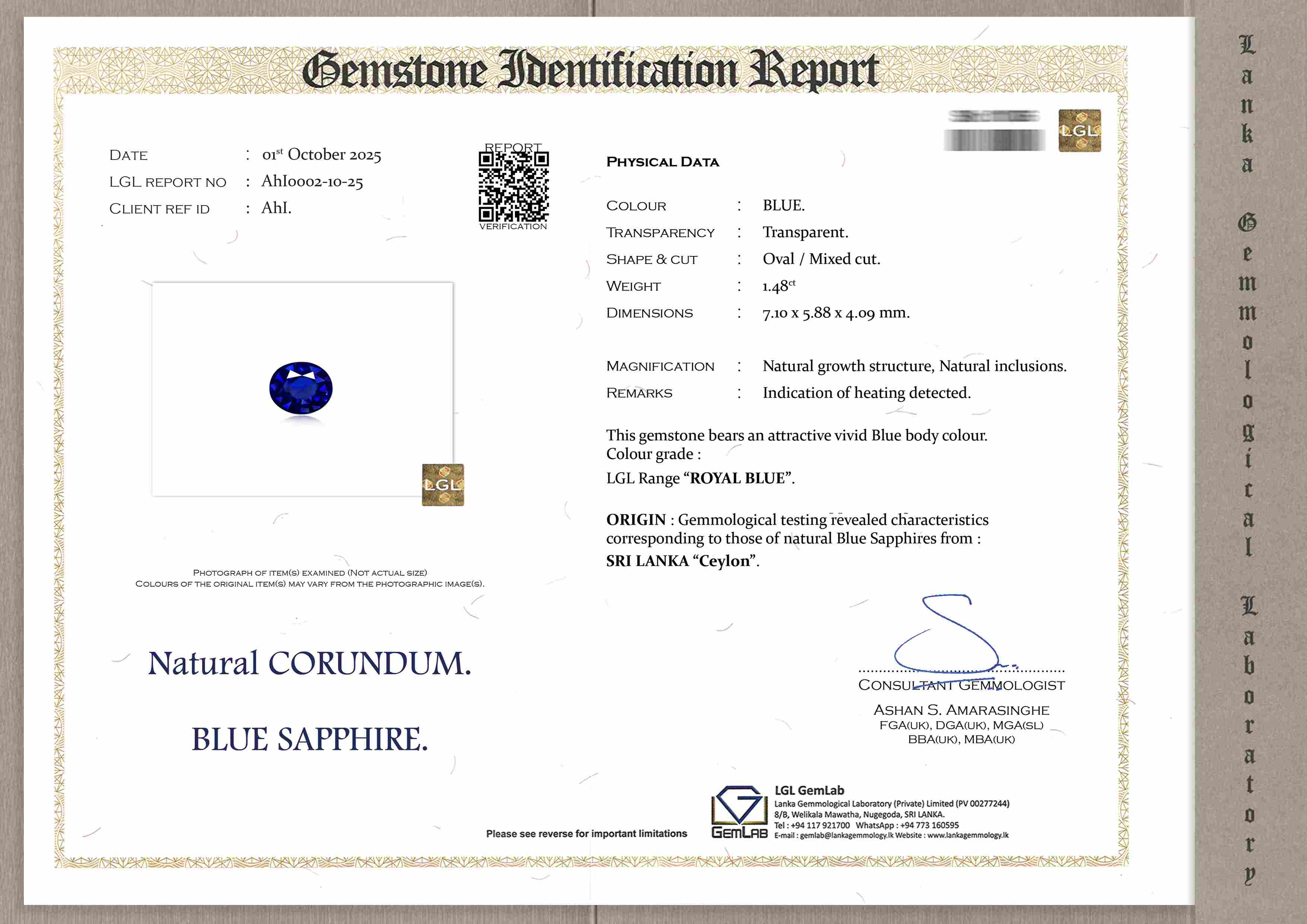 1.48ct Royal Blue Sapphire from Sri Lanka (Ceylon)